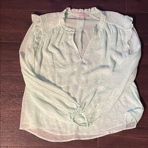 LOFT Women's Light Green and White Ruffle Blouse